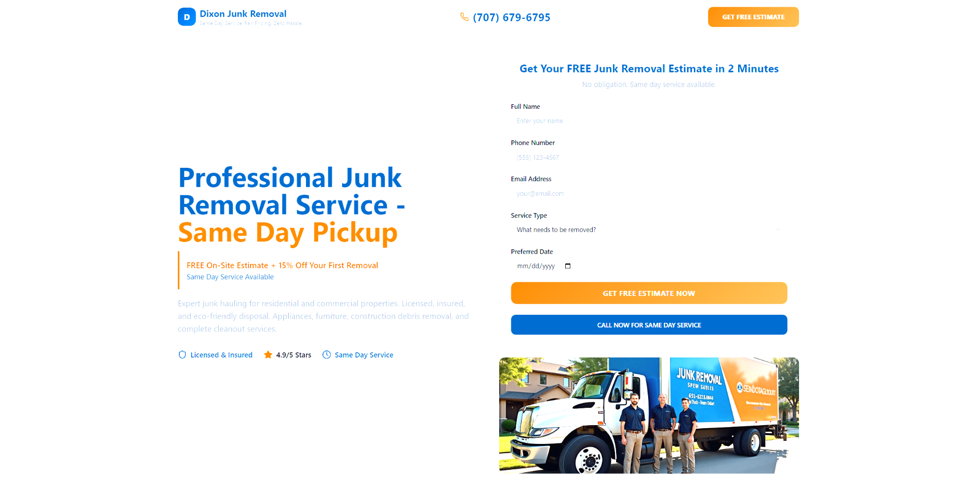 Dixon Junk Removal professional website design for Junk Removal Services in Dixon, CA - Lead generation web design case study