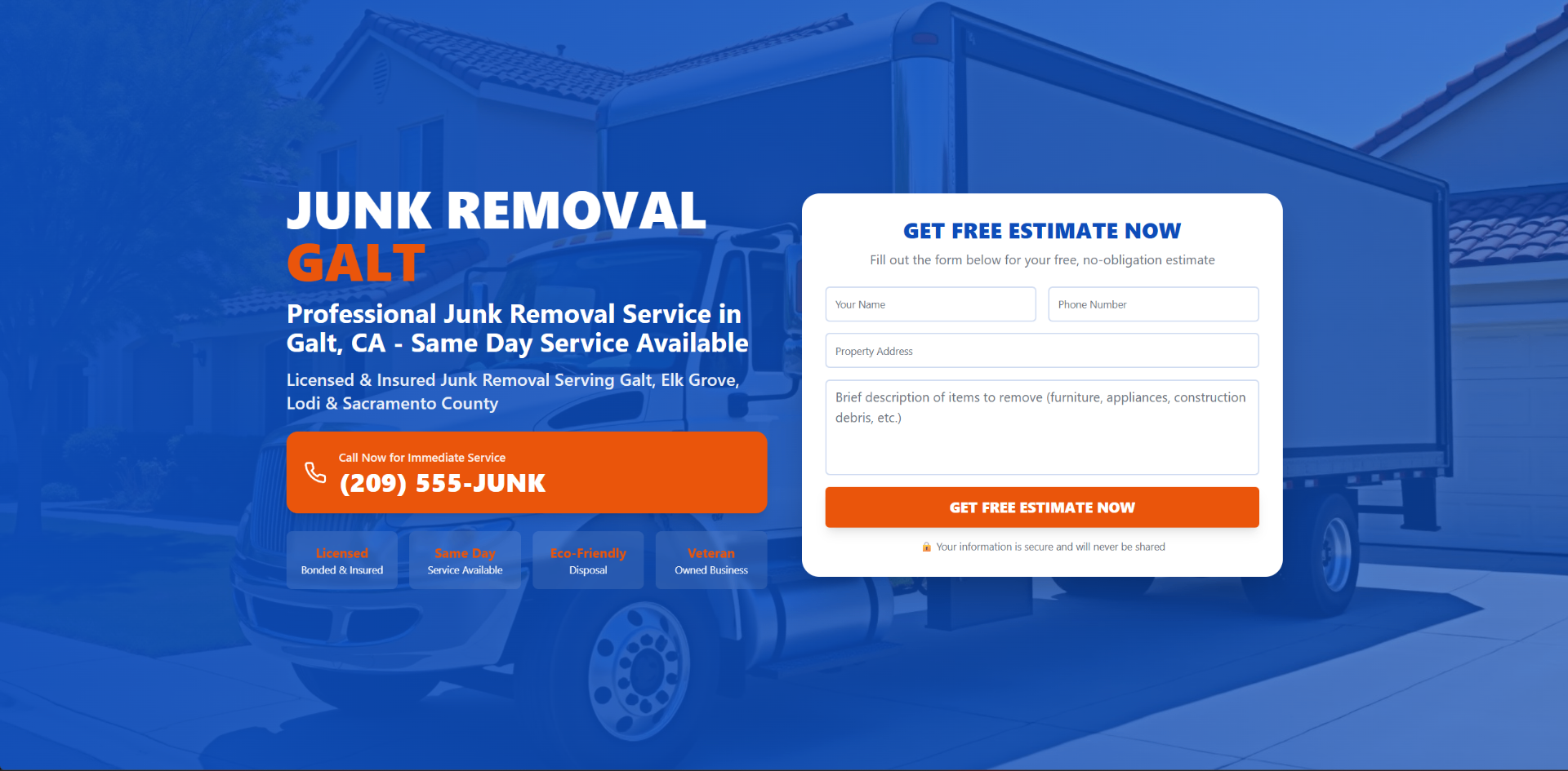 Junk Removal Galt professional website design for Junk Removal Services in Galt, CA - Lead generation web design case study